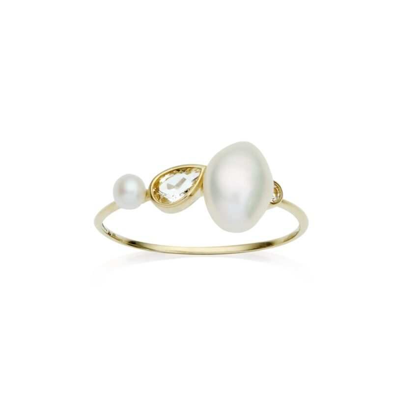 6mm white baroque freshwater pearl 3mm white button freshwater pearl white topaz 9ct yellow gold ring