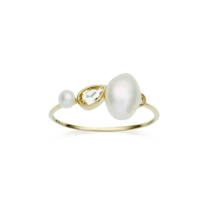 6mm white baroque freshwater pearl 3mm white button freshwater pearl white topaz 9ct yellow gold ring
