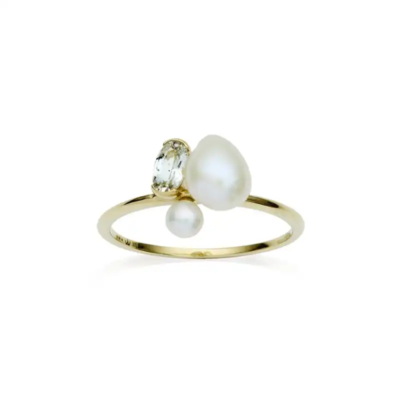 6mm white baroque freshwater pearl 3mm white button freshwater pearl white topaz 9ct yellow gold ring