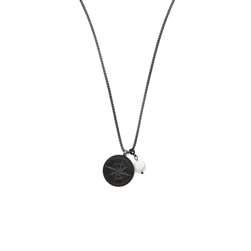 9mm white baroque freshwater pearl compass design black rhodium stainless steel pendant