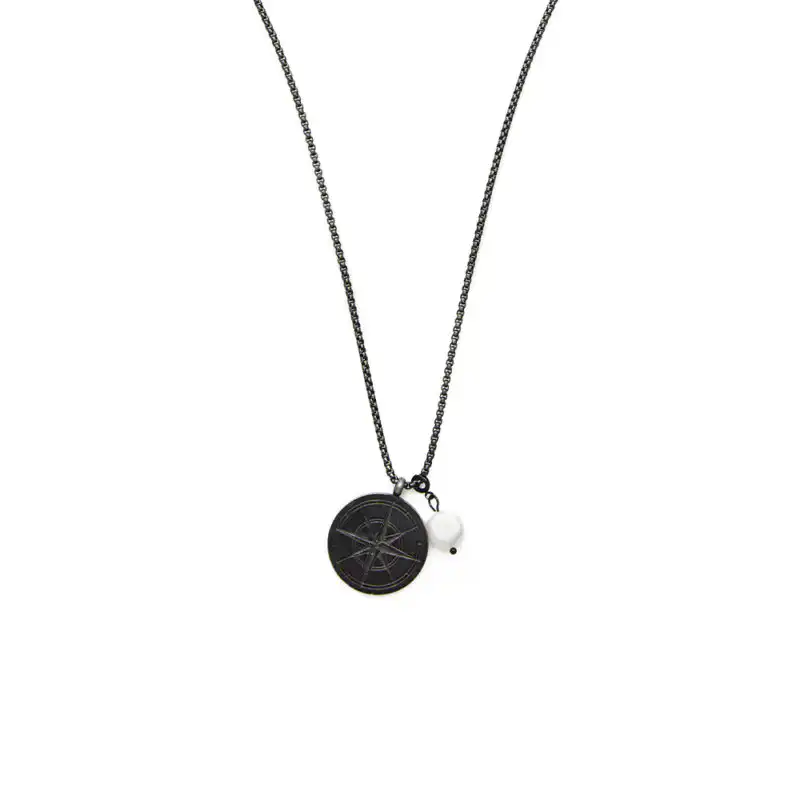 9mm white baroque freshwater pearl compass design black rhodium stainless steel pendant