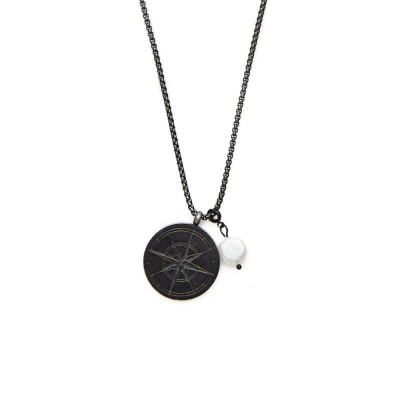 9mm white baroque freshwater pearl compass design black rhodium stainless steel pendant