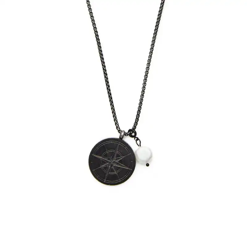 9mm white baroque freshwater pearl compass design black rhodium stainless steel pendant