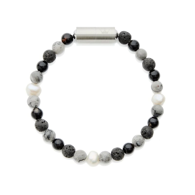 6mm white baroque freshwater pearl lava stone black agate bracelet with stainless steel magnetic clasp