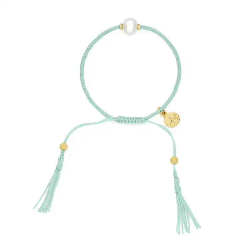 8mm freshwater pearl adjustable tassel bracelet on recycled plastic coloured thread