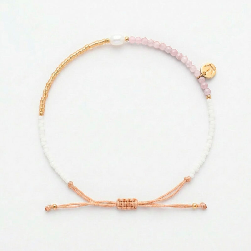 white 4mm oval freshwater pearl pink sunstone drawstring bracelet with white and yellow gold coloured beads