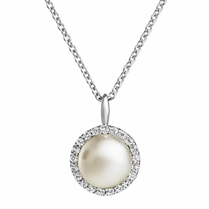 10mm white button freshwater pearl white topaz cluster sterling silver pendant