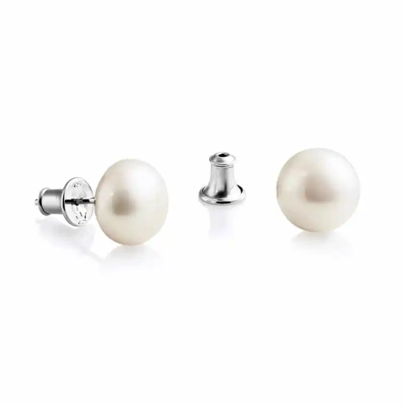 9mm white button freshwater pearl stud earrings sterling silver trumpet backs