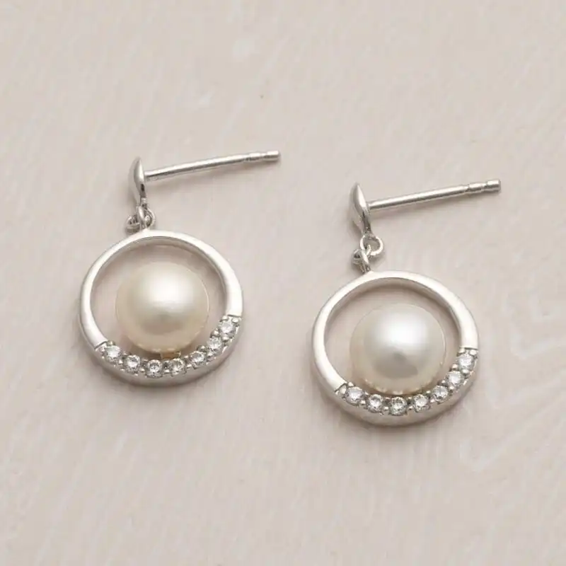 Jersey Pearl White Freshwater Button Pearl Circle Drop Earrings Sterling Silver