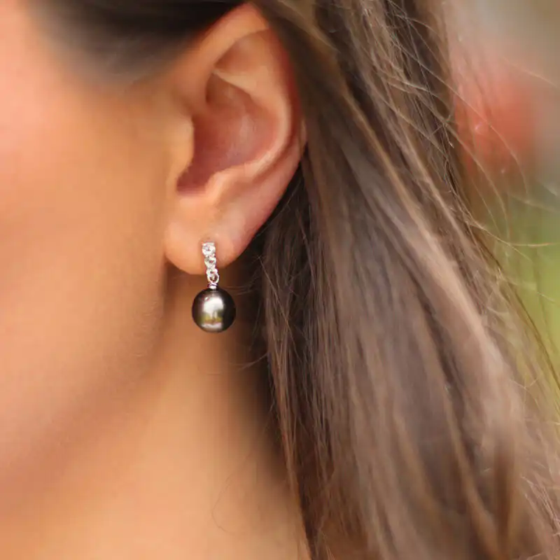 Tahitian pearl drop earrings with cubic zirconia