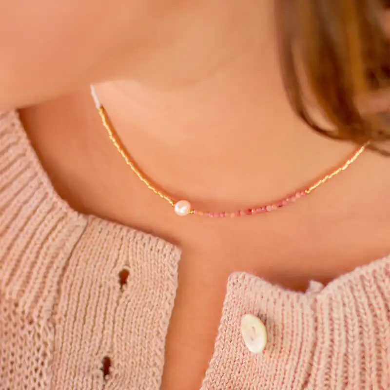 5mm freshwater pearl Rhodocrosite stainless steel yellow gold necklace