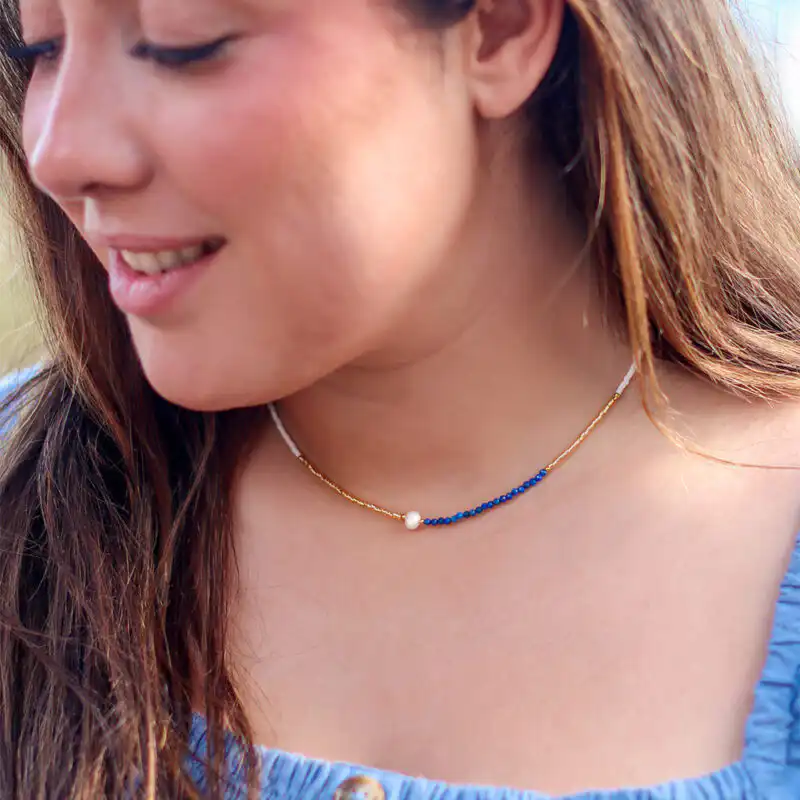 5mm freshwater pearl lapis lazuli stainless steel yellow gold necklace