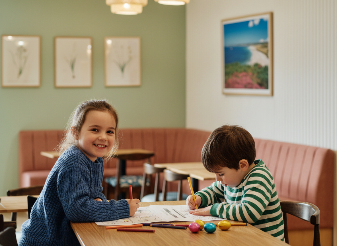 two children enjoy the free easter activity sheet at jersey pearl st ouen
