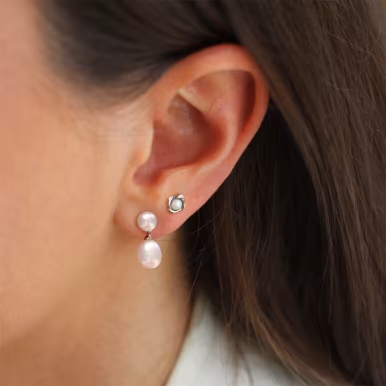 white freshwater pearl stacked earrings