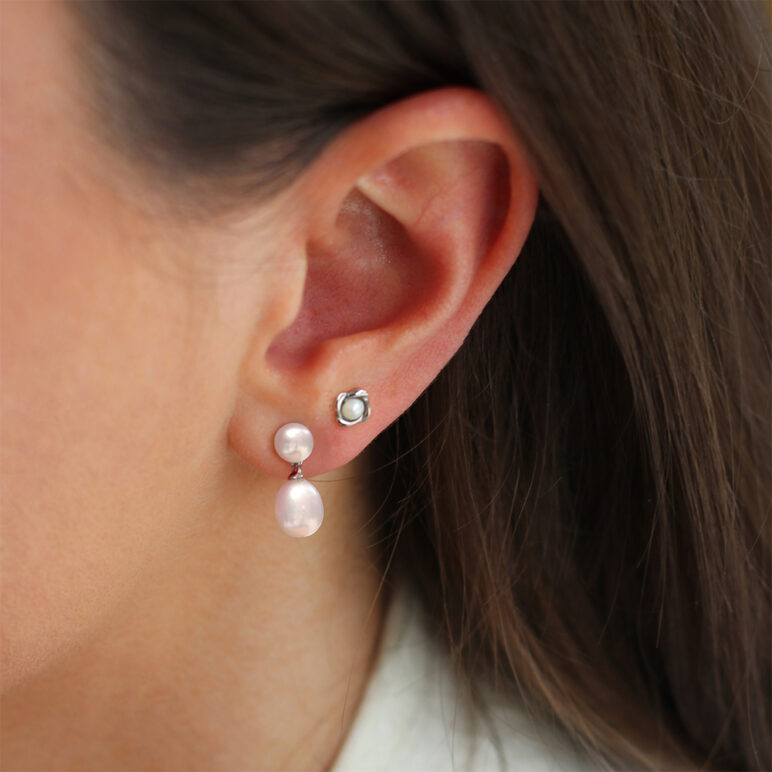 white freshwater pearl stacked earrings