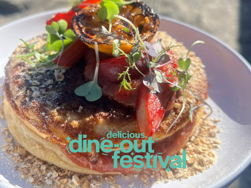 Pancake stack with rhubarb and oats