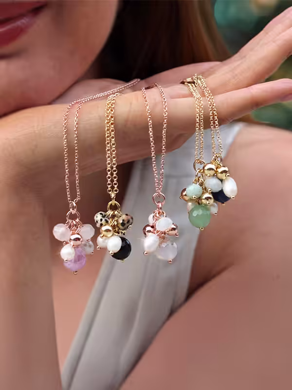 White freshwater pearl amethyst black agate montana agate aventurine cluster pendants
