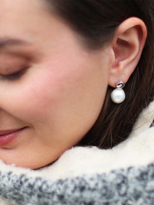 Model Wearing Jersey Pearl White Edison Pearl Stud Earring Sterling Silver