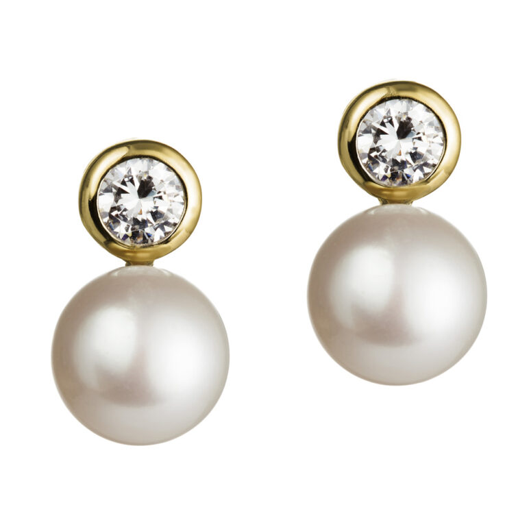 8mm white button freshwater pearl white topaz yellow gold stud earrings