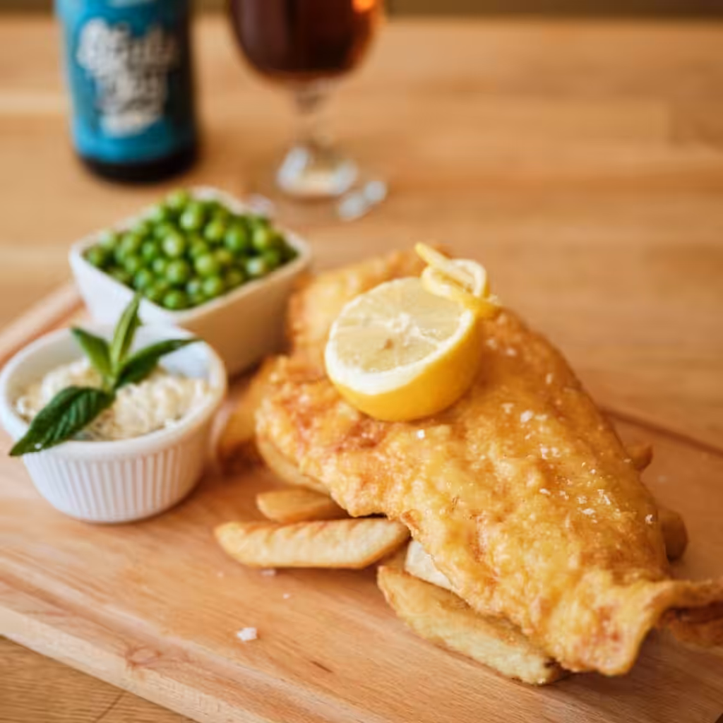 Fish and chips on a wooden platter from the pearl cafe
