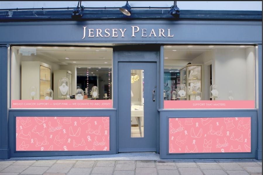 jersey pearl king street store, breast cancer awareness month window display